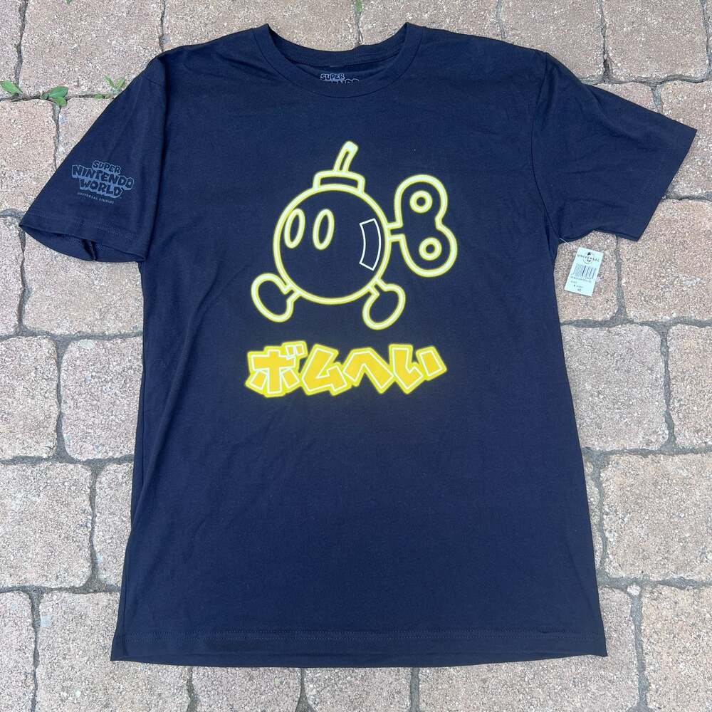 Super Nintendo World Universal Studios Bob-Omb Neon Outline Puff Print Shirt NWT